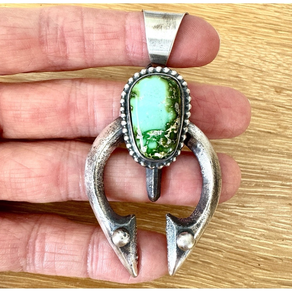 Navajo Naja Pendant Turquoise Signed Chimney Butte 2.75in Squash Blossom Matte - Picture 1 of 6